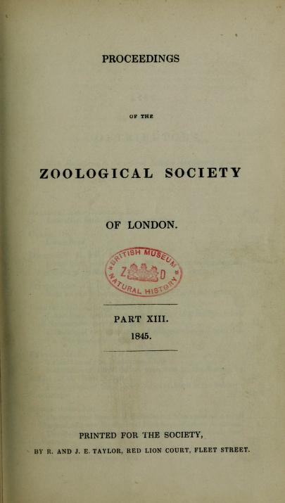 Media type: text; Pfeiffer 1845 Description: Proceedings of the Zoological Society of London, pt. XIII;